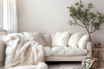 Scandinavian Hygge Interior Design Modern Living Room with a White Sofa, Fur Plaid, and Blank Wall Offering Copy Space