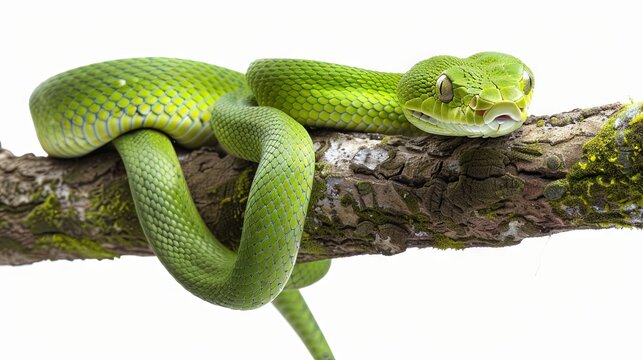 Green tree python coiled on a branch against a white background