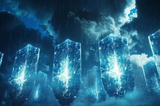 Mystical shields guarding cloud data realms with digital knights defending against cyber threats