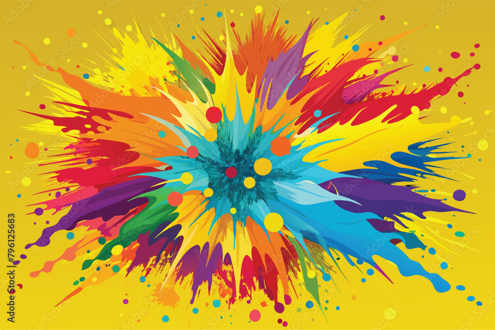 Wall mural colorful rainbow holi paint color powder explosion vector, isolated wide yellow panorama background