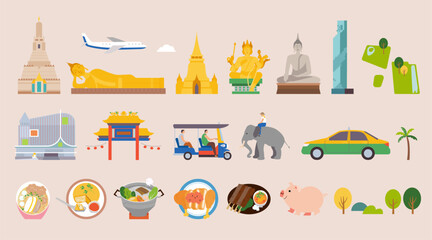 Famous Thailand tourist element set isolated on champagne color background.