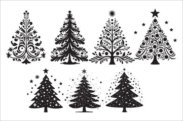 A black and white silhouettes of christmas trees with a decoration.