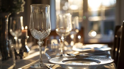 A beautifully set dining table with elegant glass water goblets catching the light