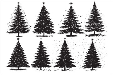 A black and white silhouettes of christmas trees with a decoration.