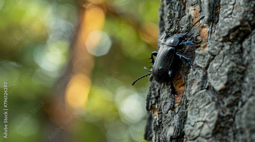 Poster A beetle exploring the textured surface of a tree trunk, its movements adding life to the forest scenery