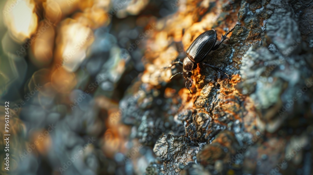 Poster A beetle exploring the textured surface of a tree trunk, its movements adding life to the forest scenery