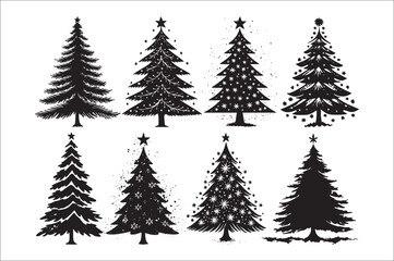 A black and white silhouettes of christmas trees with a decoration.