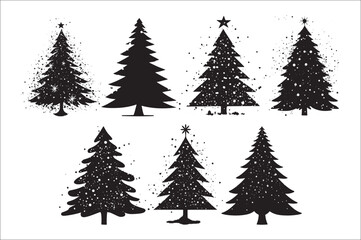 A black and white silhouettes of christmas trees with a decoration.