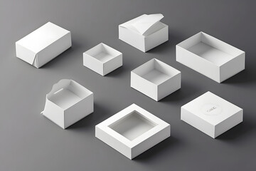 Obraz premium Open and close white gift boxes, white square box top view, container mockup design, empty carton package, realistic paper box, open cap, empty packages mockup 3d