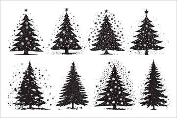 A black and white silhouettes of christmas trees with a decoration.