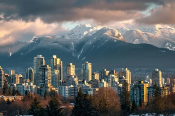 Skyline with snow-capped mountains in the background, Ai generated