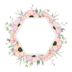 Anemone rose flowers and leaves. Isolated hand drawn watercolor frame of pink poppies. Summer floral wreath for wedding invitations, cards, packaging of goods