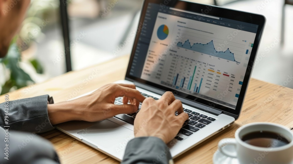 Poster a businessman analyzing a business graph on a laptop screen, with a cup of coffee nearby as he delve
