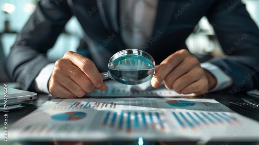 Leinwandbilder A businessman analyzing a business graph printout with a magnifying glass, focusing on specific data points and trends.