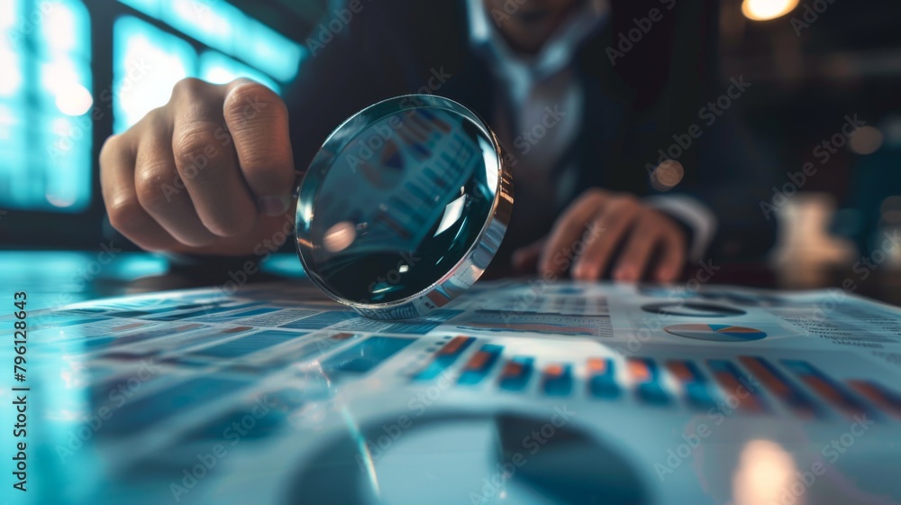 Poster A businessman analyzing a business graph printout with a magnifying glass, focusing on specific data points and trends.