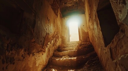 A narrow hallway with stairs leading towards a bright light at the end. The stairs appear to be the...