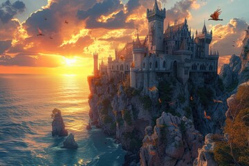 A medieval castle on a cliff overlooking the ocean, with knights and dragons. Medieval castle,...