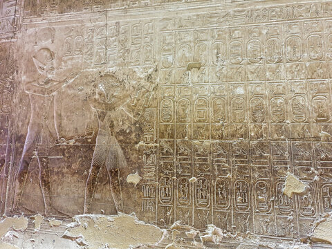 Abydos Kings List Wall Relief Close up -Famous list of major pharoahs and dynasties of ancient egypt by Seti I in the Temple of Seti built in 13th century BC by the Pharoah Seti I near Abydos,Egypt