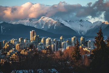 Obraz premium Skyline with snow-capped mountains in the background, Ai generated