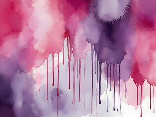 Fototapeta premium Pink and purple watercolour background design painted texture with paint drips drops and colour blots or blotches and white fringe bleed stains, art background design for website and templates