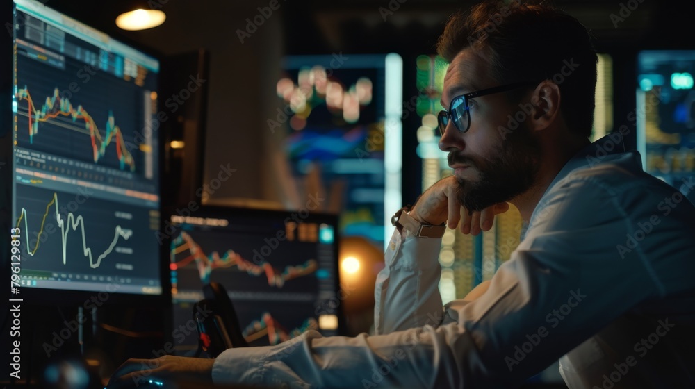 Poster a businessman studying a gold futures contract on a computer screen, managing risk in the financial 