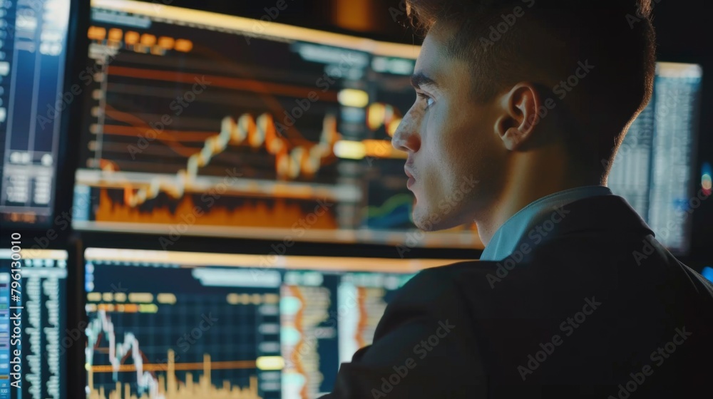 Poster a businessman studying a gold futures contract on a computer screen, managing risk in the financial 