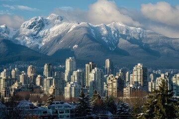 Obraz premium Skyline with snow-capped mountains in the background, Ai generated