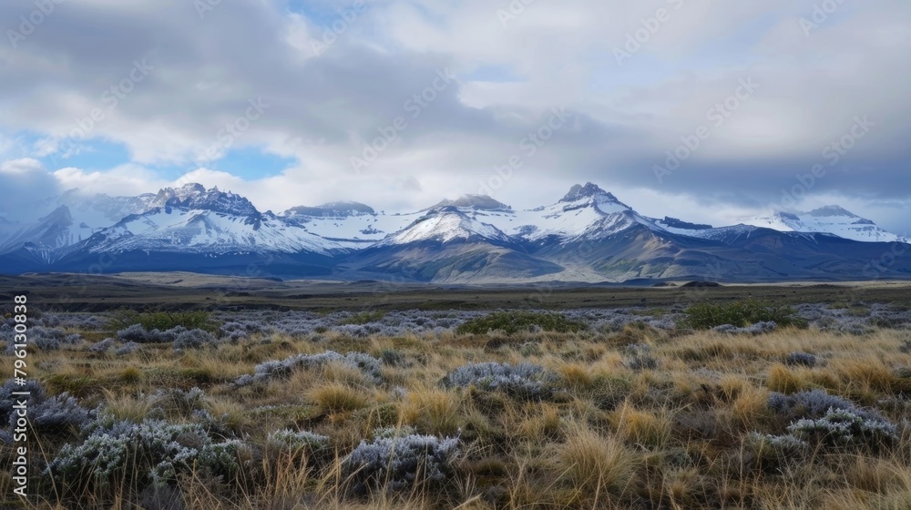 Poster a vast field stretches out before a towering mountain range in the distance. the field is filled wit