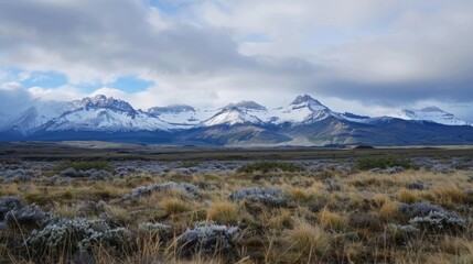 A vast field stretches out before a towering mountain range in the distance. The field is filled with grass and perhaps some wildflowers, while the mountains loom majestically in the background under