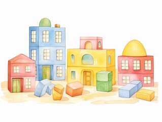 watercolor painting of a set of wooden blocks in various shapes and colors, a red toy truck, and a few blocks on the ground