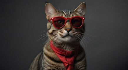 Portrait of a Slick fashionable cat with human anatomy wearing red sunglasses with copy space on isolated background, grey backdrop