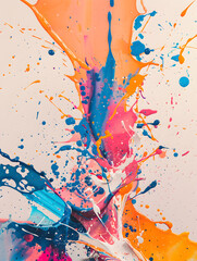 A painting of a colorful explosion of paint splatters on a white background. The colors are bright and vibrant, creating a sense of energy and excitement