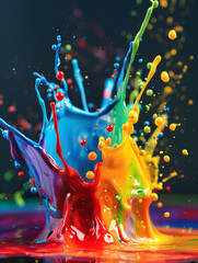 A splash of paint with a rainbow of colors. Scene is energetic and lively