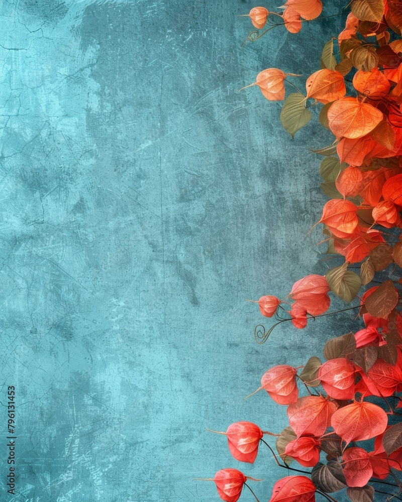 Canvas Prints Orange autumn leaves arranged on a textured blue background.