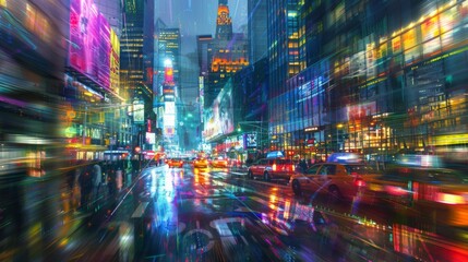 Fototapeta premium A bustling urban street lined with towering buildings ablaze with colorful lights, capturing the dynamic energy and vibrancy of the city nightlife.