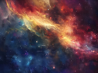 A colorful space scene with a red and yellow line in the middle. The stars are scattered throughout the image, with some closer to the foreground and others further away. Scene is one of wonder