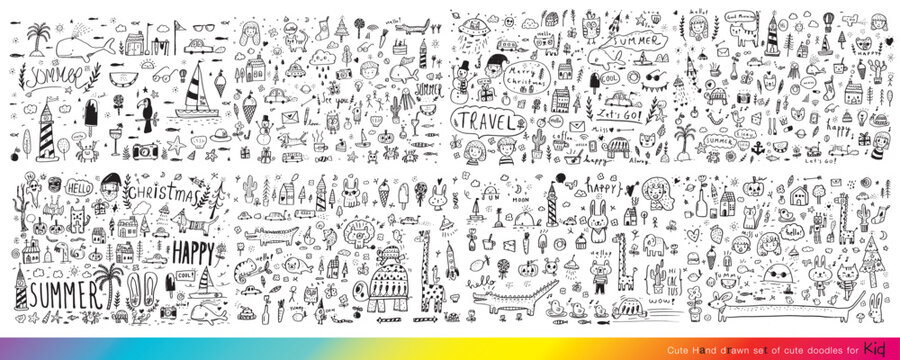 Vector illustration of Doodle cute for kid, Hand drawn set of cute doodles for decoration,Funny Doodle Hand Drawn, Summer, Doodle set of objects from a child's life,Cute anima