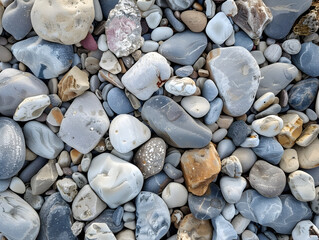 A pile of rocks with a variety of colors and sizes. The rocks are scattered and mixed together, creating a natural and rugged appearance. Concept of wilderness and ruggedness