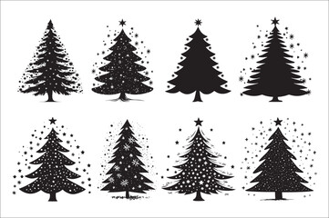 A black and white silhouettes of christmas trees with a decoration.