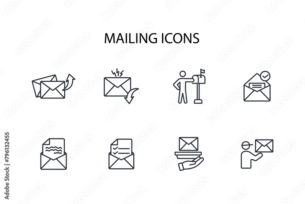 Poster mailing icon set.vector.editable stroke.linear style sign for use web design,logo.symbol illustratio