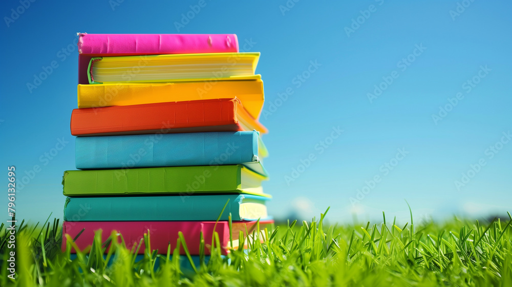 Wall mural a stack of books with a blue book on the bottom, a pink book on the second from the bottom, and a ye