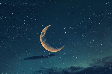 Obraz na płótnie Canvas The crescent moon contrasts with the starry sky.