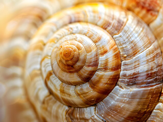 The shell is brown and has a spiral shape. It is a close up of the shell. The shell is very detailed and has a lot of texture