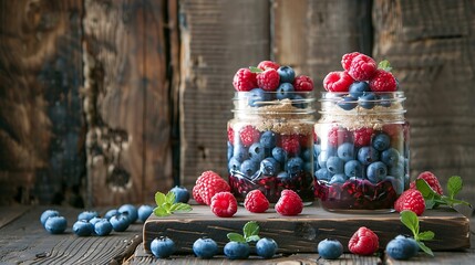 Blueberry and raspberry parfaits in mason jars still life against a rustic wood background - obrazy, fototapety, plakaty