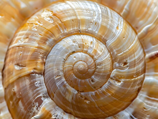 A spiral shell with a brown and tan color. The shell is very detailed and has a lot of texture