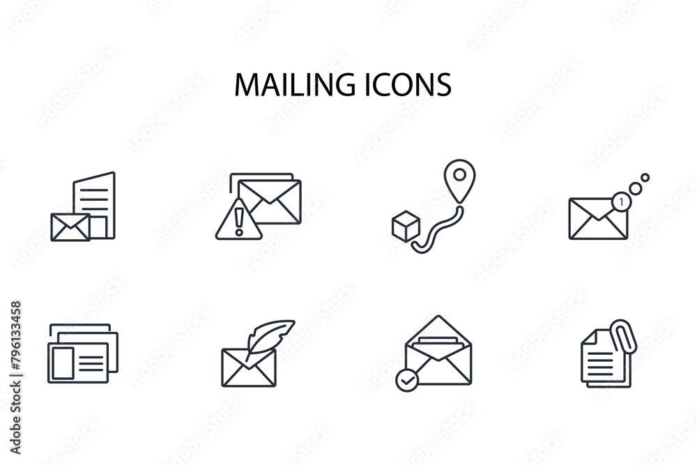 Poster mailing icon set.vector.editable stroke.linear style sign for use web design,logo.symbol illustratio