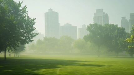 A city park obscured by haze and smog, diminishing the quality of outdoor recreation