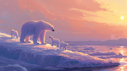 A polar bear and her cubs on the edge - obrazy, fototapety, plakaty