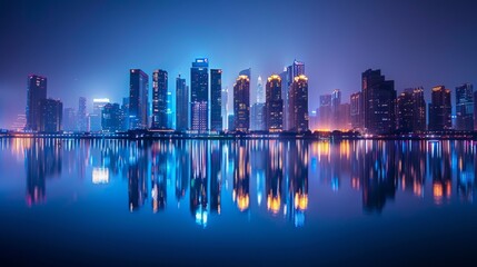 A city skyline glittering with lights reflected in the tranquil waters of a river below, creating a stunning nocturnal panorama of urban beauty and elegance.