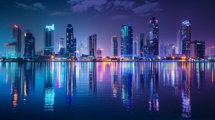 A city skyline glittering with lights reflected in the tranquil waters of a river below, creating a stunning nocturnal panorama of urban beauty and elegance.